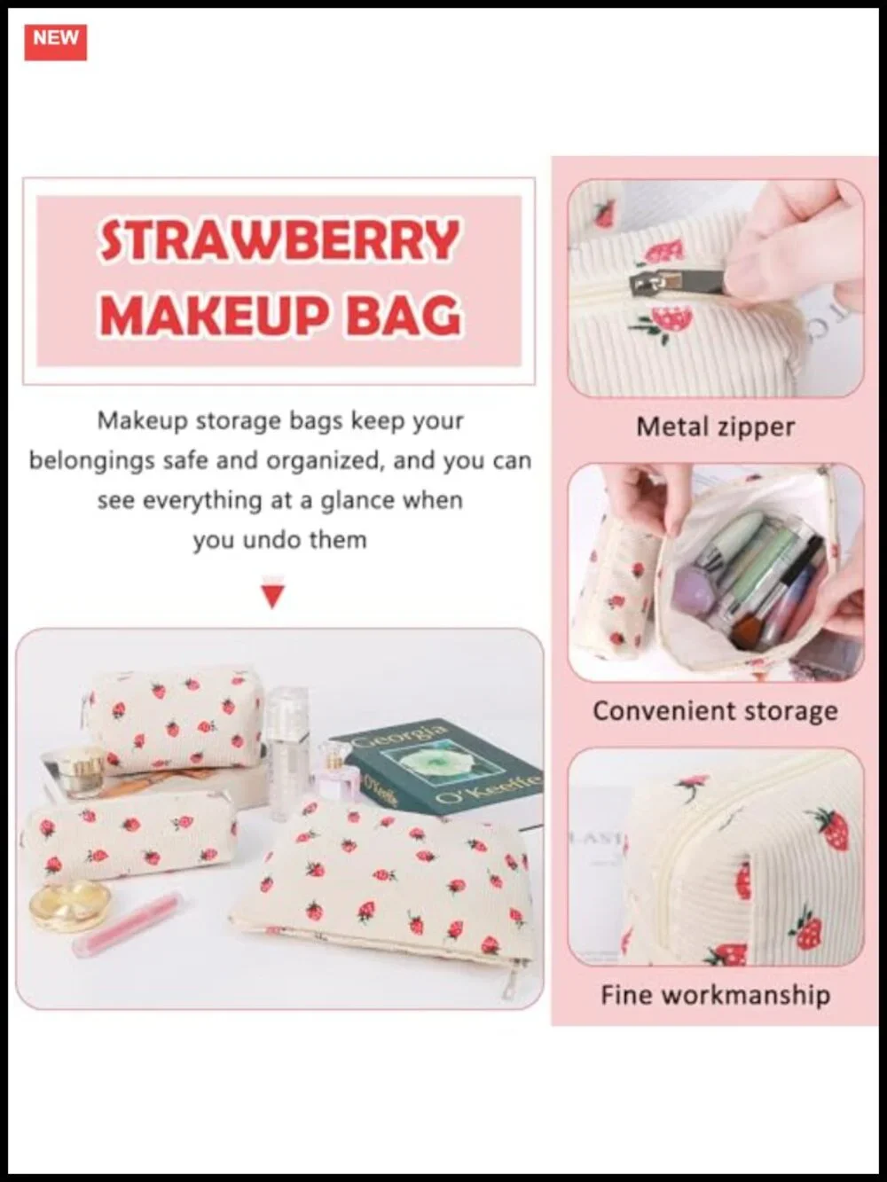 3 Piece Makeup Bag Set with Zipper, Canvas Cosmetic Organizer for Travel